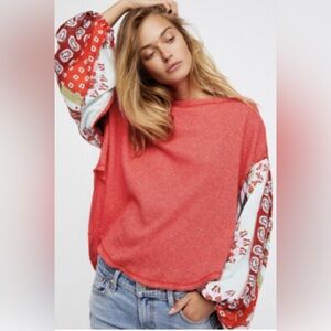 We The Free Cherry Red Top with Boho Floral Patterned Balloon Sleeves